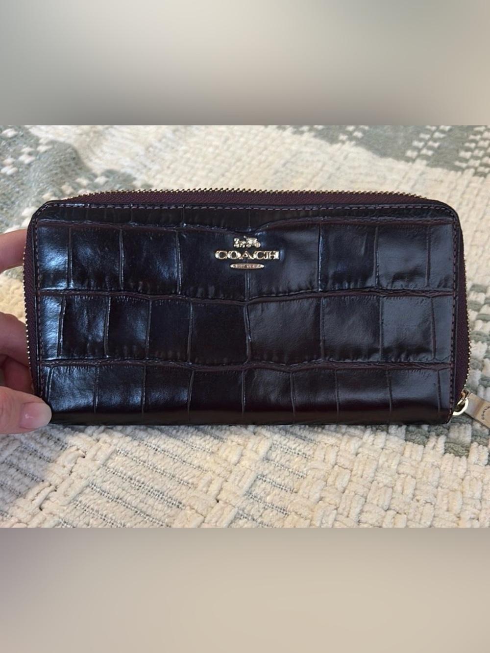 Coach Croc-Embossed Zip Wallet in Dark Brown with Gold Hardware